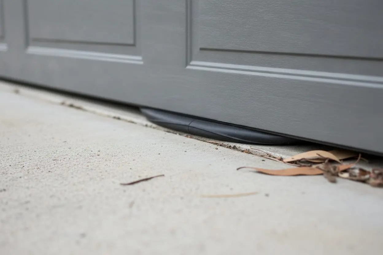 Black rubber bottom seal on a closed sectional garage door meeting a driveway