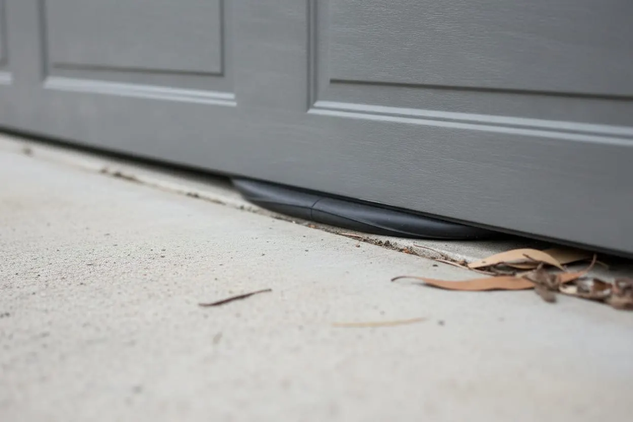 Black rubber bottom seal on a closed sectional garage door meeting a concrete driveway