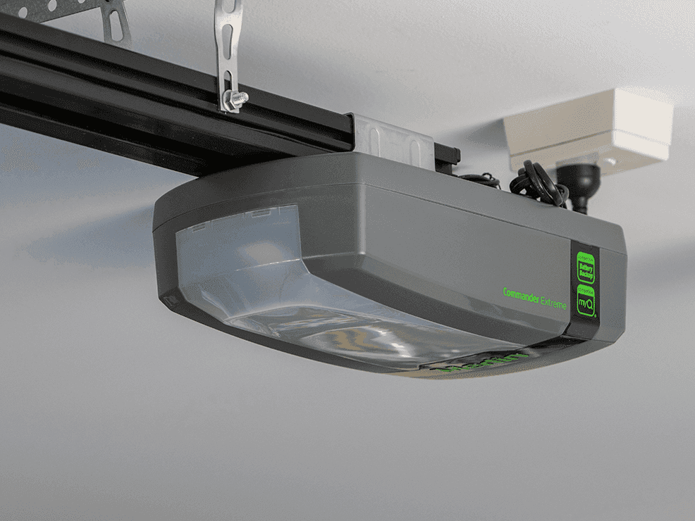 Merlin Commander Extreme garage door opener with myQ smart control mounted on its ceiling rail