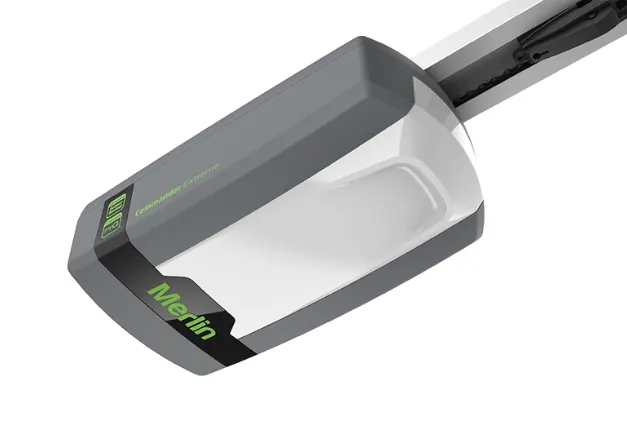 Garage door opener shown on its rail with the brand badge visible on the cover